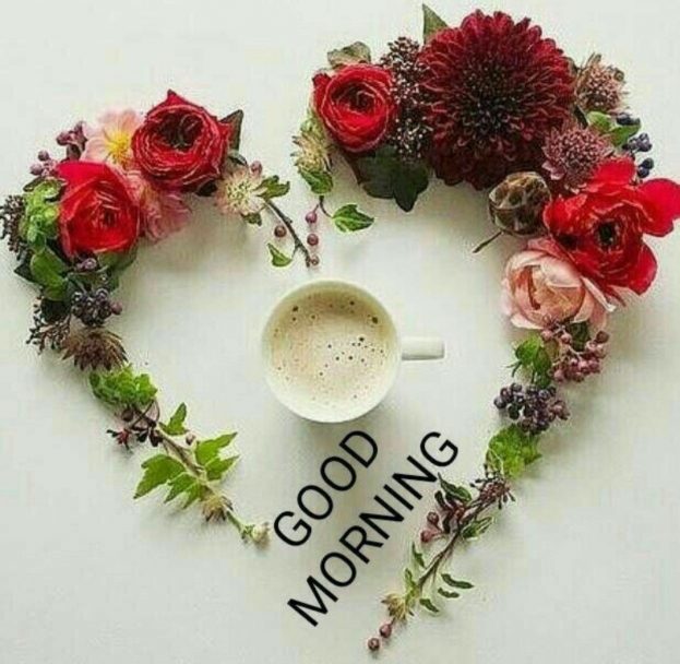 Good Morning Flower Hearts & Coffee - Good Morning Images, Quotes, Wishes, Messages, greetings & eCard Images